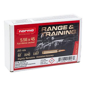 Munição Norma Range&Training Cal. 5,56X45 FMJ 62GR - 20 Unidades