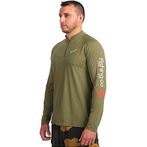 Camiseta Fishing Co Masculina com Ziper UPF50+ Cor Verde Militar