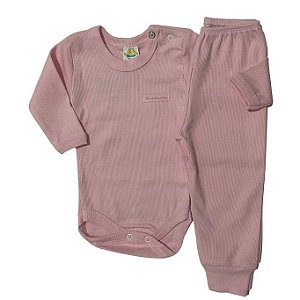 Conjunto body e calça canelado rosa claro