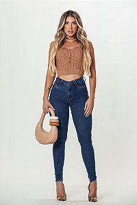Calça jeans feminina skinny azul básica empina bumbum
