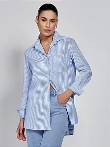 Camisa Oversized Listrada Azul e Off White
