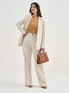 Calça Alfaiataria Wide Leg Risca de Giz Natural/Camel