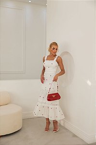 Vestido Midi Branco Bordados Cereja