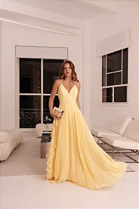Vestido longo Plissado Amarelo Manteiga