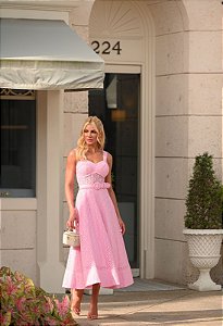 Vestido Midi Renda Rosa Claro com Cinto