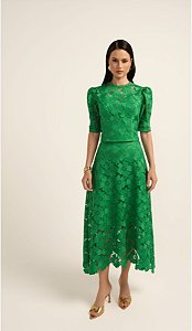 Conjunto Blusa e Saia em Guipir Verde Escuro