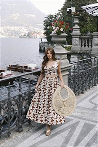 Conjunto Top e Saia Midi Marrom com Bordado