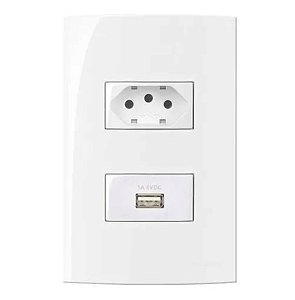 Conjunto Tomada Carregador USB 1A Bivolt + Tomada 2P+T 10A 250V 4x2" Branco Linha Sleek MARGIRIUS. Cod. 17373
