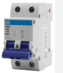 Disjuntor mini termomagnético, 20A, curva C, bipolar, MDW-C20-2, WEG. Cod. 10076423