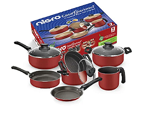 Conjunto de panelas CASA GOURMET, 7 peças, antiaderente, tampa vidro.NIGRO. Grena preto