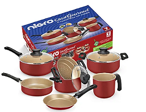 Conjunto de panelas CASA GOURMET, 7 peças, antiaderente, tampa vidro.NIGRO. Grena gold