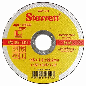Disco de Corte for Metal 115x1mm Reto.STARRETT. Cod. 638300