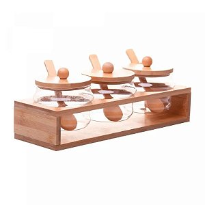 Conjunto 3 Potes de Vidro com Tampa Hermética Colher e Rack em Bambu 280ml 20698 - Wolff