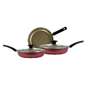 Conjunto Frigideira Antiaderente 3 Peças Com Tampa De Vidro. (Cereja e Bege)