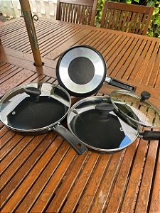 Conjunto Frigideira Antiaderente 3 Peças Com Tampa De Vidro. (Preto)