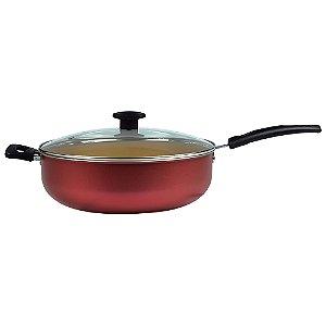 Frigideira Wok 30 Cm Com Antiaderente Teflon E Tampa de Vidro 5.9 Litros (Cereja e Bege)