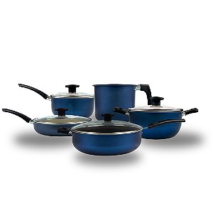 Panela com Cabo Reto + Caçarola + Frigideira + Caneco n°14 + Wok Premium (Azul)