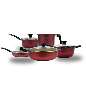 Panela com Cabo Reto + Caçarola + Frigideira + Caneco n°14 + Wok Premium (Cereja e Bege)