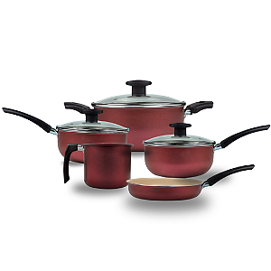 Conjunto Caçarola + Panelas com cabo + frigideira + caneco + Brinde Surpresa (Cereja e Bege).