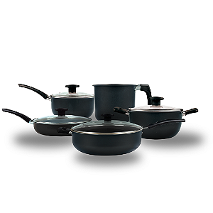 Panela com Cabo Reto + Caçarola + Frigideira + Caneco n°14 + Wok Premium (Preta)
