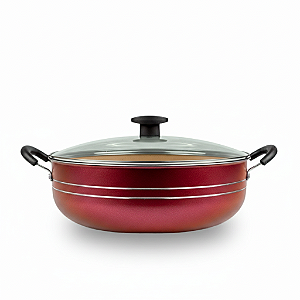 Panela Grande Frigideira Wok Silver Lines Cereja e Dourado Antiaderente com alças + Tampa.