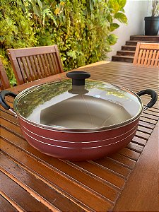 Panela Grande Frigideira Wok Silver Lines  Cereja e Dourado Antiaderente com alças + Tampa.