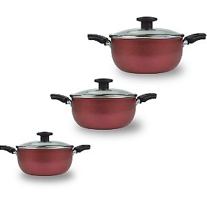 Kit Panelas Caçarolas Antiaderente 3 Peças Tamanho 16,18 e 20 Cereja e Dourado