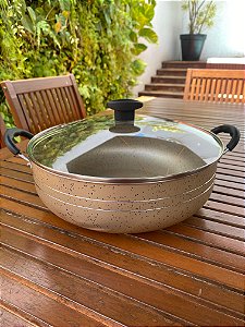 Panela Grande Frigideira Wok Silver Lines Bege Poá Antiaderente com alças + Tampa.