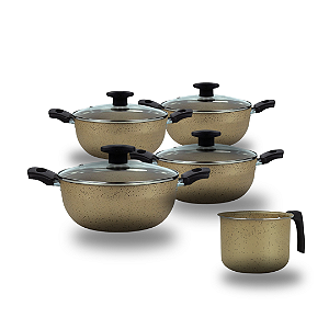 Jogo De Panelas Caçarola 16 à 22 + Canecão n°14 Bege Poá Antiaderente.