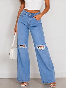 Calça Jeans Wide Leg Rasgo no Joelho