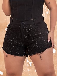 Short Jeans Plus Size Preto Com Strass