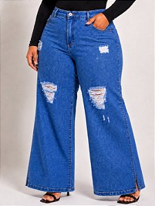 Calça Jeans Plus Size Wide Leg Fenda