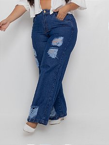 Calça Jeans Wide Leg Plus Size Destroyed