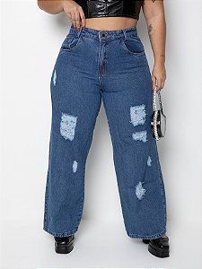 Calça Jeans Wide Leg Plus Size Destroyed