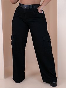 Calça Jeans Cargo Plus Size Preta Com Cinto