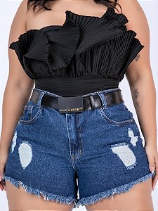 Short Jeans Plus Size Barra Desfiada Com Cinto