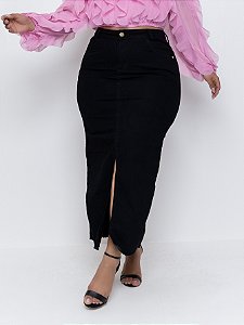 Saia Jeans Midi Plus Size Preta Com Fenda Cintura Alta Moda