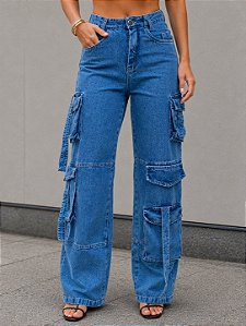 Calça Cargo Jeans Lavagem Escura