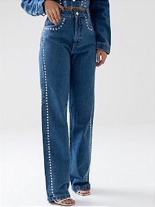 Calça Jeans Wide Leg Com Tachas
