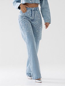 Calça Jeans Wide Leg Com Ilhós