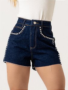 Short Jeans Cintura Alta Com Tachas