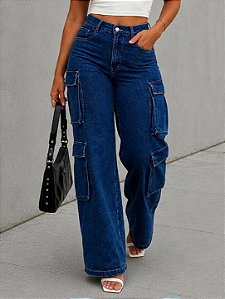 Calça Jeans Cargo Wide Leg