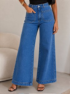 Calça Jeans Wide Leg Bolso Frontal