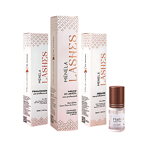 Kit Profissional de Extensão de Cílios Menela — Cola Flash Fix, Mousse de Limpeza, Primer e Finalizador