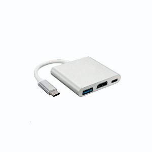Cabo MD9 USB‑C para HDMI + USB 3.0 + USB‑C Branco – Plug&Play 4K, Ideal para Notebooks & MacBooks
