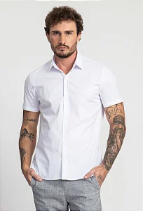 Camisa Manga Curta Slim Tricoline c/ Elastano Liso