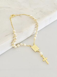 Pulseira terçinho pela graça sois salvo com pérola em semijoia banhado em ouro 18k