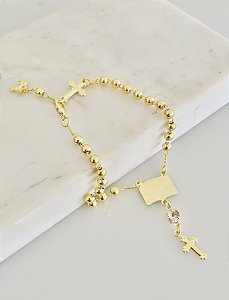 Pulseira terço Salmos 23 em bolas ocas banhado a ouro 18k