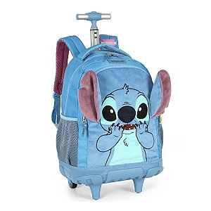 Mochila com Rodinhas Stitch 18” Pelúcia e Orelhas 3D Azul UP4YOU - Disney Oficial - Design Premium