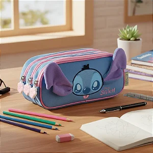 Estojo Tripo Escolar Aplique 3D Stitch Azul - Disney